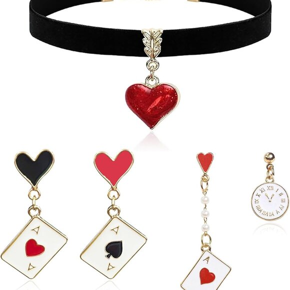 Queen of Hearts Costume Set Women Choker Earrings Crown Halloween Jewelry - Picture 1 of 7